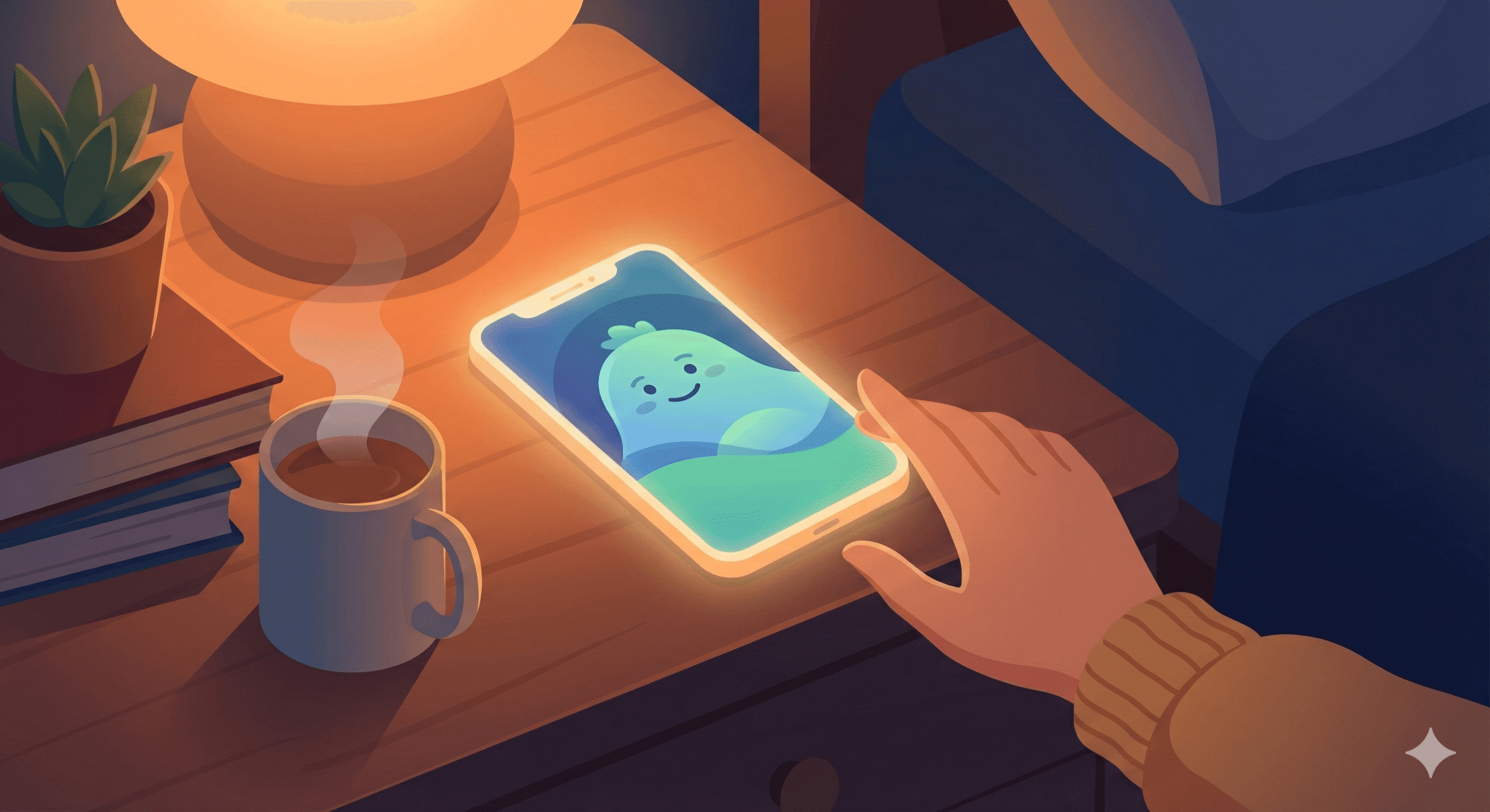 A warm, inviting digital illustration in a cozy, flat design style. On a bedside table, a smartphone glows softly in a dark room, displaying a friendly, smiling animated character (like one of the PeacePals). A person's hand is gently reaching for the phone. The overall feeling is one of comfort and security.